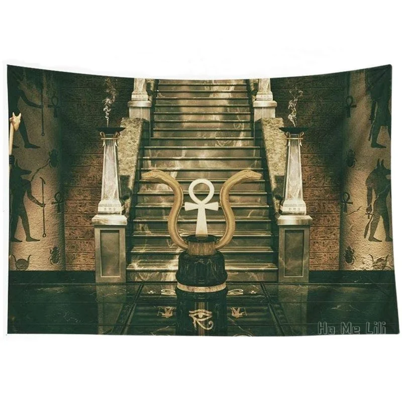 Tapiz de dos serpientes doradas y una cruz egipcia, geoglifos, arte psicod&eacute;lico dorado de Ho Me Lili, para decoraci&oacute;n de dormitorio-1