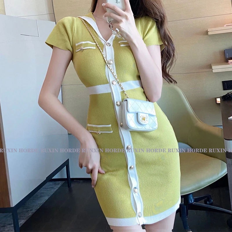 

Knit Dress Sweet Girl Mini Short Sleeve V-Neck Small Fragrance Color Patchwork Matching Lapel Thin Single Breasted Summer Women