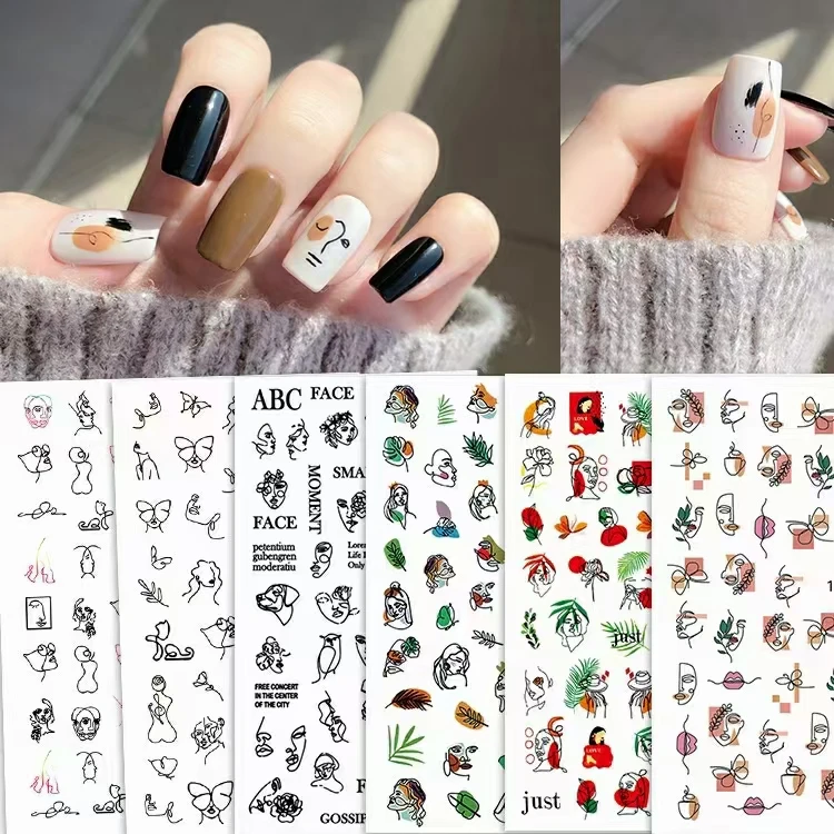 

1P 3D Lady Face Lines Flower Leaves Water Decals Stickers Floral Face Marble Pattern Slider For Nails Summer Nail Art Decoration