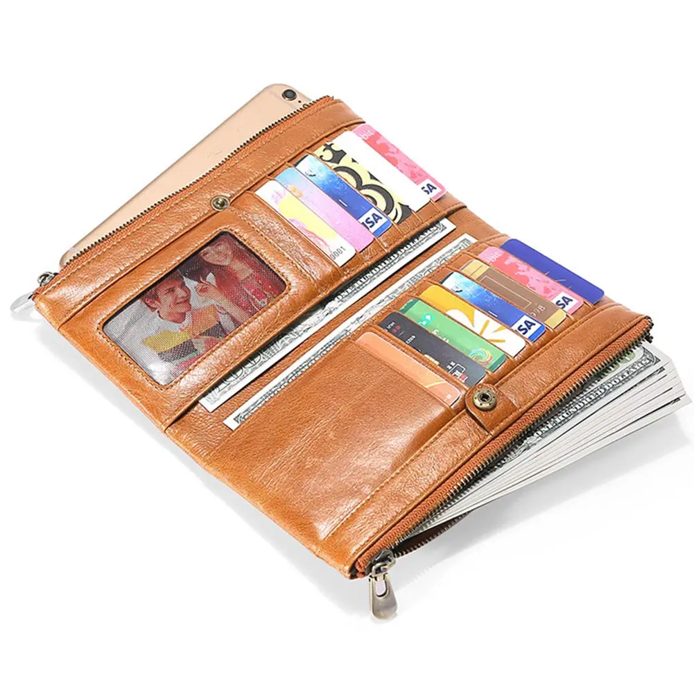 

Men RFID Blocking Purse Bifold Vintage Leather Metal Dual Zipper Wallet J55