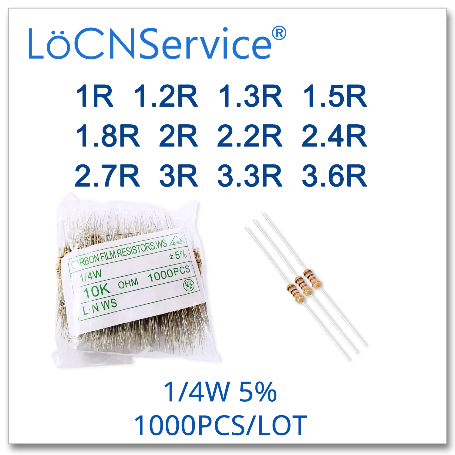 LoCNService 1000 шт./лот 5% 1/4 Вт 1R 1.2R 1.3R 1.5R 1.8R 2R 2.2R 2.4R 2.7R 3R 3.3R 3 6 Rcarbon film DIP OHM Резистор |