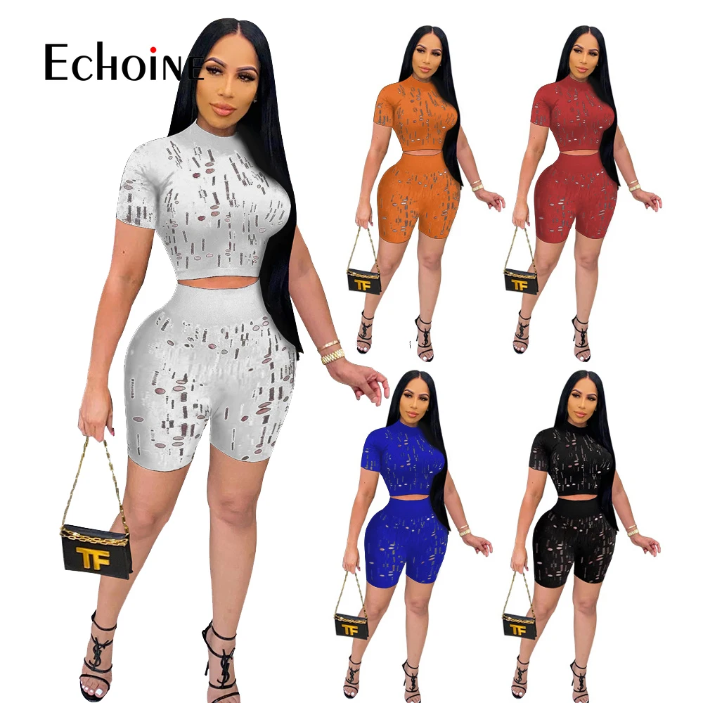 

Oluolin Women Personality hollow Fitness 2 Piece Set Solid Crop Top and Biker Shorts Summer Jogger Tracksuit Party Club Outfits