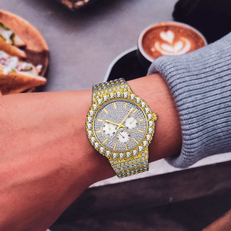 

Rose Gold Ice Out Men's Watches Top Brand Luxury Waterproof Analog Date Wristwatch Sport Chronograph New