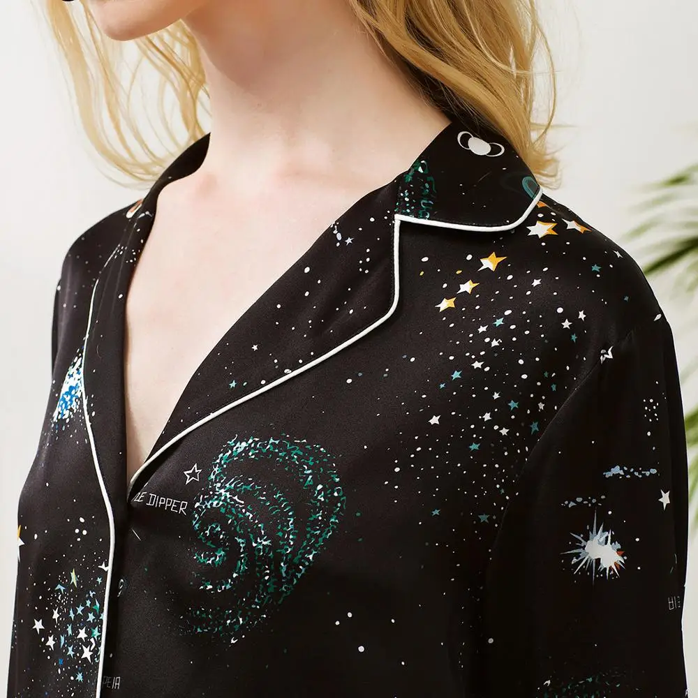 100% silk satin lady sleepwear,girl sleep shirts and pants in romantic starry sky printed fabric, luxury pajamas set for women