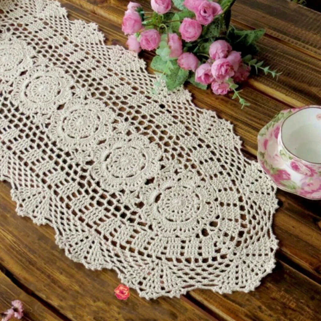 

Hotel Table Runner Vintage Crocheted Lace Cotton Floral Tablecloth 30x80cm