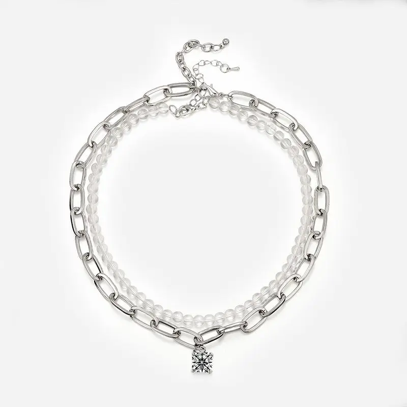 

12mm Zircon Pendant Clear Beads Chain Necklace Hip-hop Silver Color Multi Layer Chokers Paper Clip Shape Chain Necklace