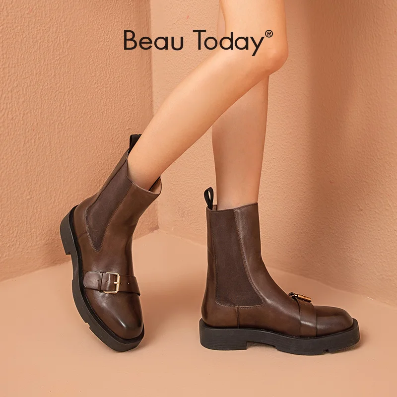 

BeauToday Chelsea Ankle Boots Women Cow Leather Metal Buckle Decor Elastic Band Autumn Ladies Thick Sole Shoes Handmade 02500