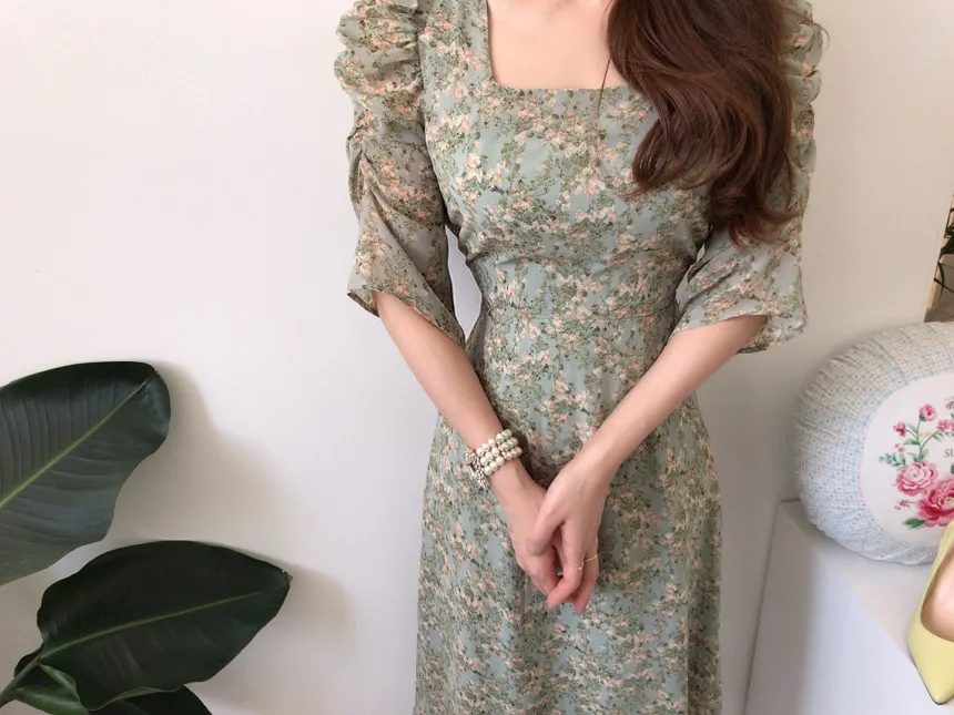 

Square Collar Clavicle Exposed Sexy Dress Women High Waist Hip A Line Long Slim Vestido Short Sleeve Pullover Robe Summer