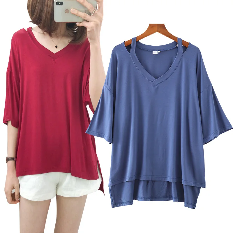 

Women Fashion Short-sleeved T-shirts 2021 Summer V-neck Off Shoulder Plus Size Loose Top