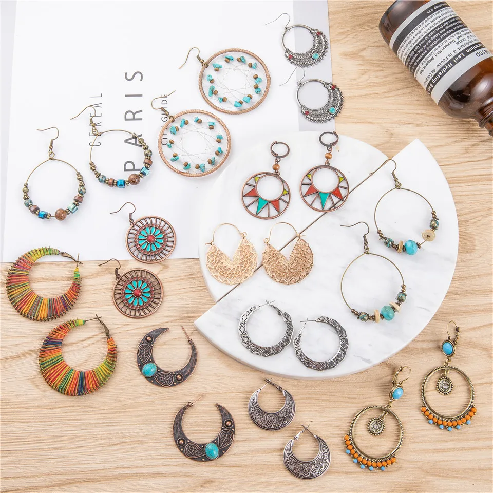Этнические Чешские Урожай Ретро Большой Круглый Круг Серьги Падения Смолы Камни