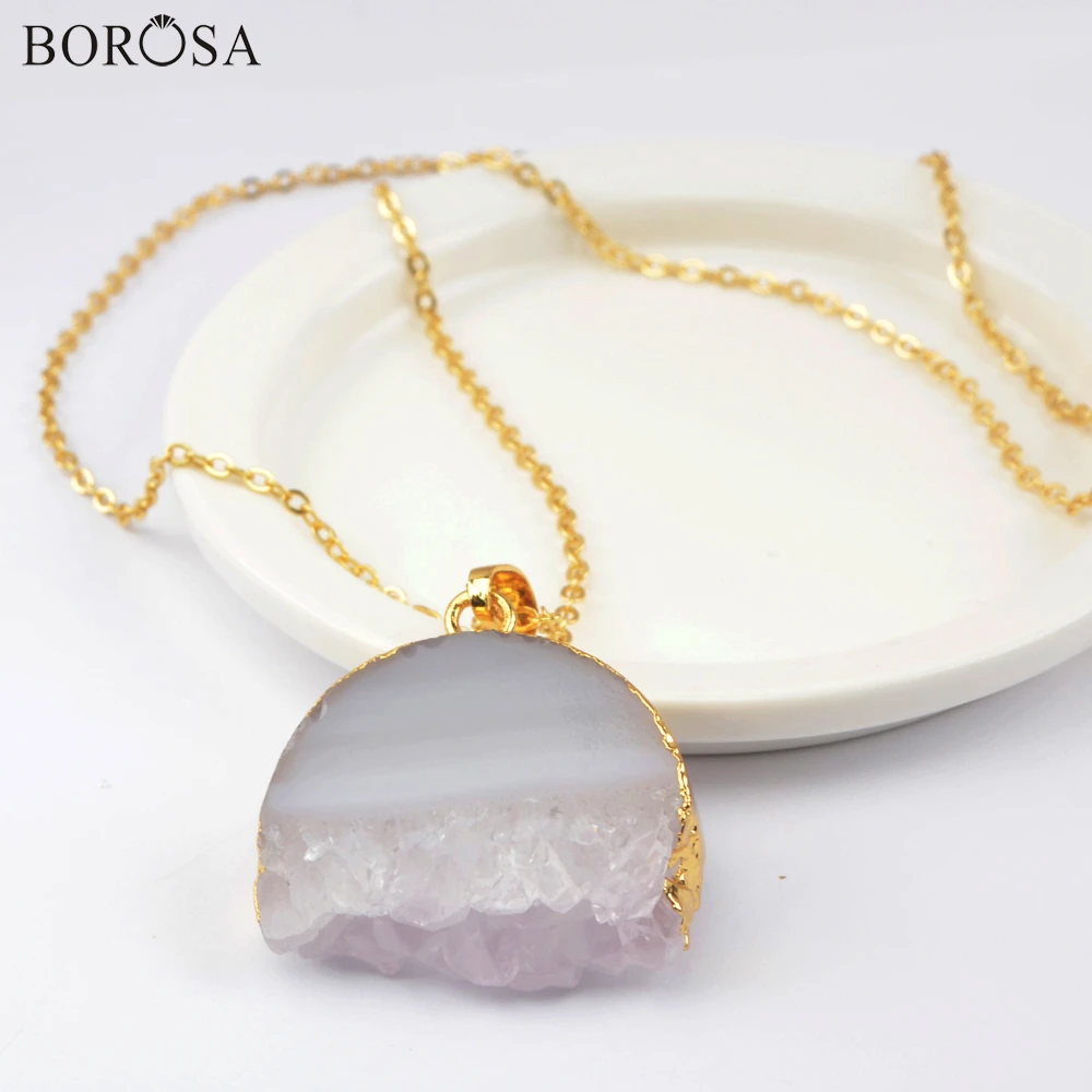 BOROSA 1/5 шт 18 'Золотой натуральный срез Кулон ожерелье половинная Луна натуральные Агаты Druzy Qaurtz ожерелье женское ювелирное изделие подарок G1962-N