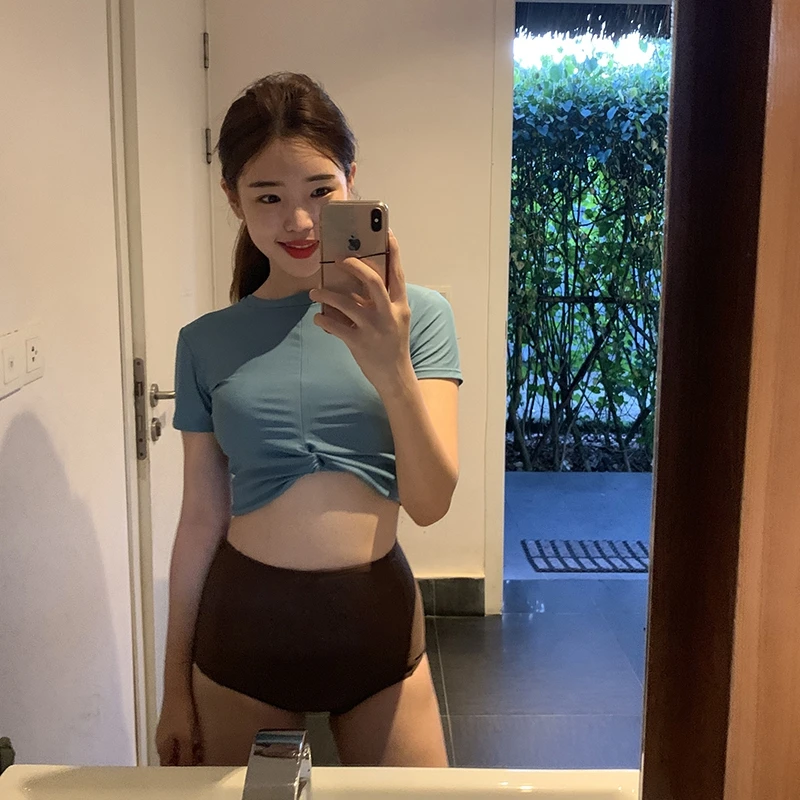 Корейское бикини Женский однотонный купальник пуш-ап с высокой талией