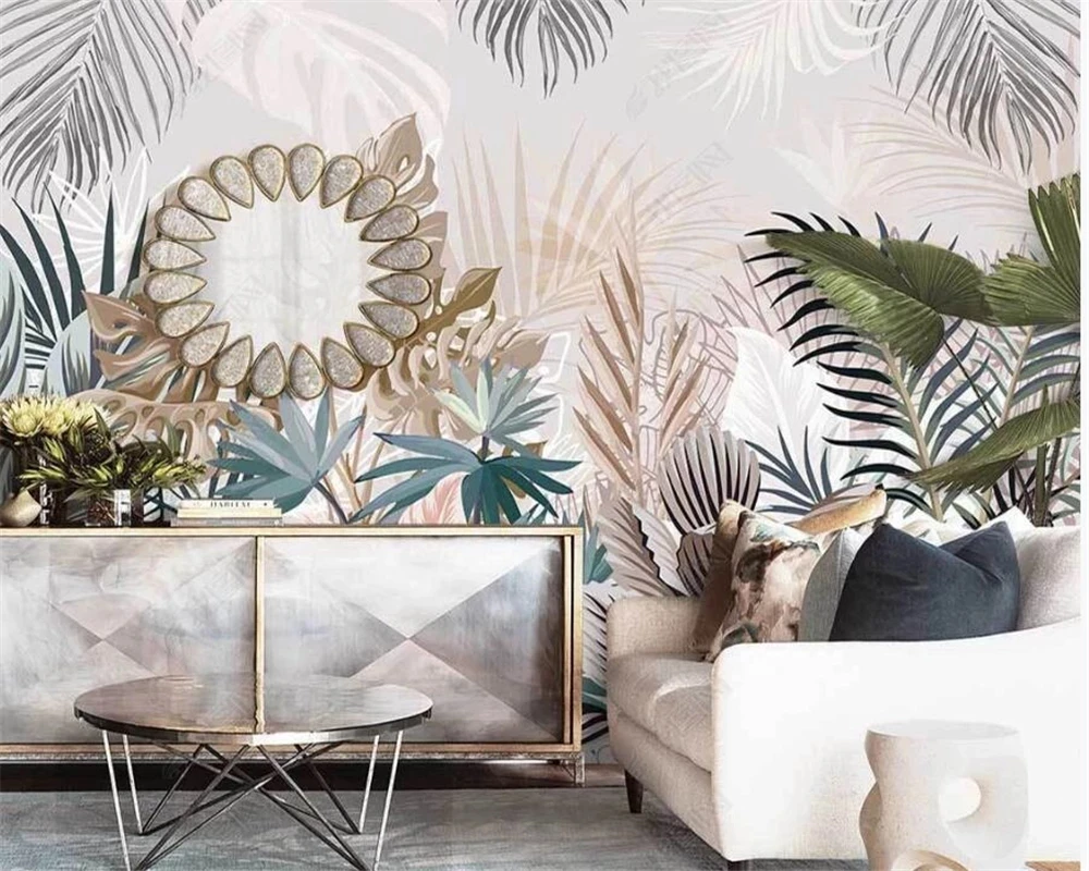 Фотообои на заказ с ручной росписью в скандинавском стиле тропические растения