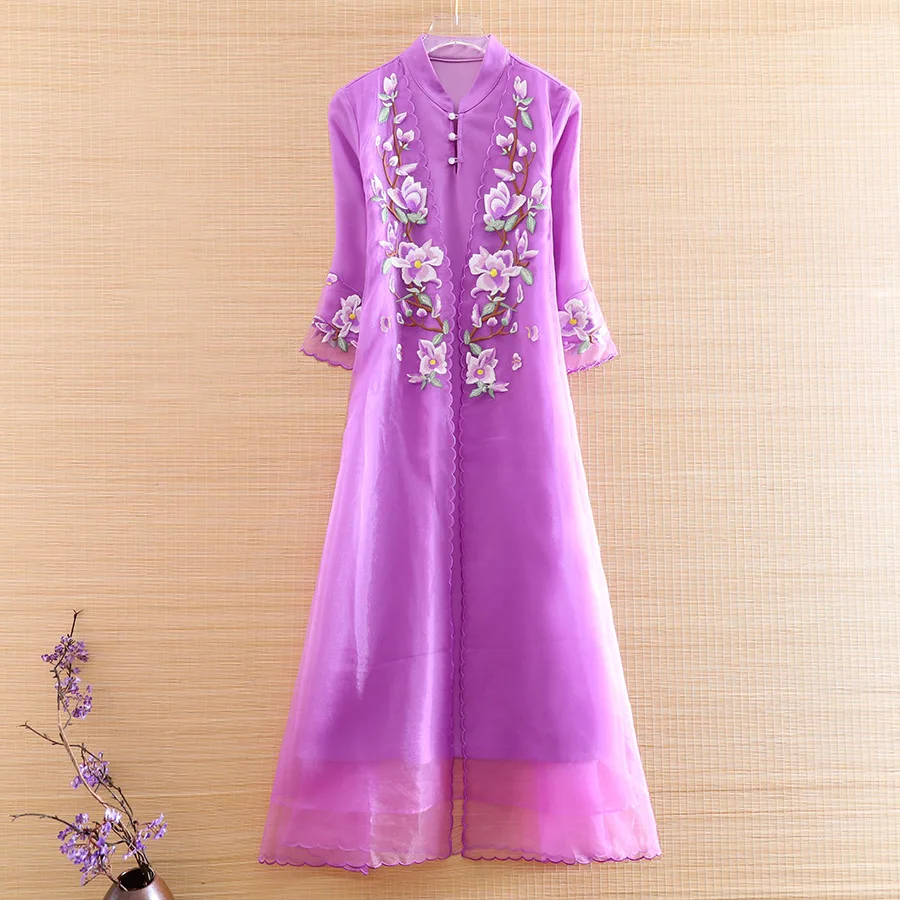 

High-end Autumn Organza Chinese Style Women Slim Cheongsam Dress Elegant Lady Embroidery Floral A-line Qiapao Dress S-XXL