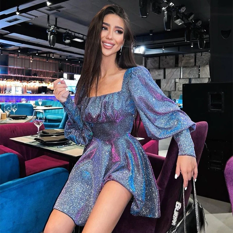 

Блестящее шелковое Плиссированное ТРАПЕЦИЕВИДНОЕ мини-платье для женщин вечерняя одежда для ночных клубов элегантное платье с буффами и д...