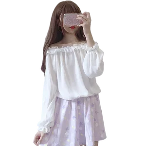 Новинка 2021, летняя женская блузка в стиле Лолиты, новые японские мешковатые милые кружевные топы с рукавами-фонариками внутри, женские шифоновая рубашка с длинным рукавом