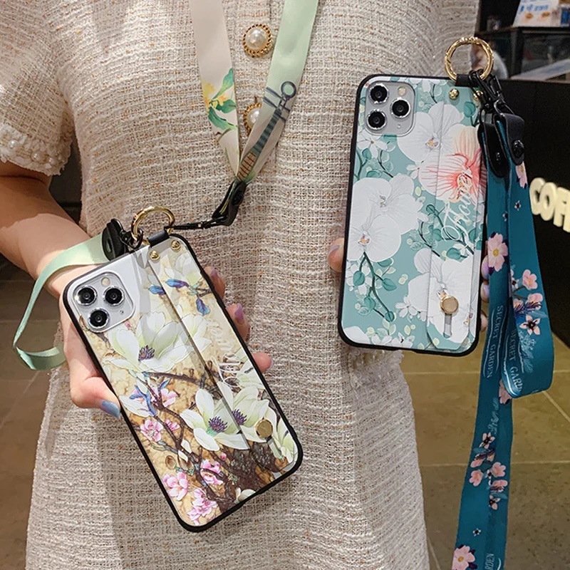Чехлы с ремешком на запястье цветами для iphone 12 mini 11 pro XR XS MAX 7 8 6s Plus SE 2020 мягкие
