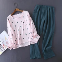 fashion spring and autumn ladies cotton crepe cloth long sleeved trousers pajamas cactus comfortable home service