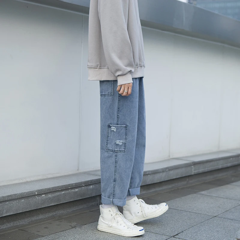 

Autumn ins holed jeans men's Korean loose student straight tube drop feeling trend wide leg pants clothes streetwear Hot Sale