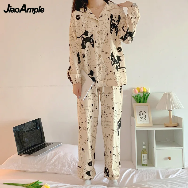 Women's Pajamas 2022 Spring Autumn New Cardigan Pijamas Female Sleepwear Long-sleeved Trousers Cute Nightie Homewear Two-piece
