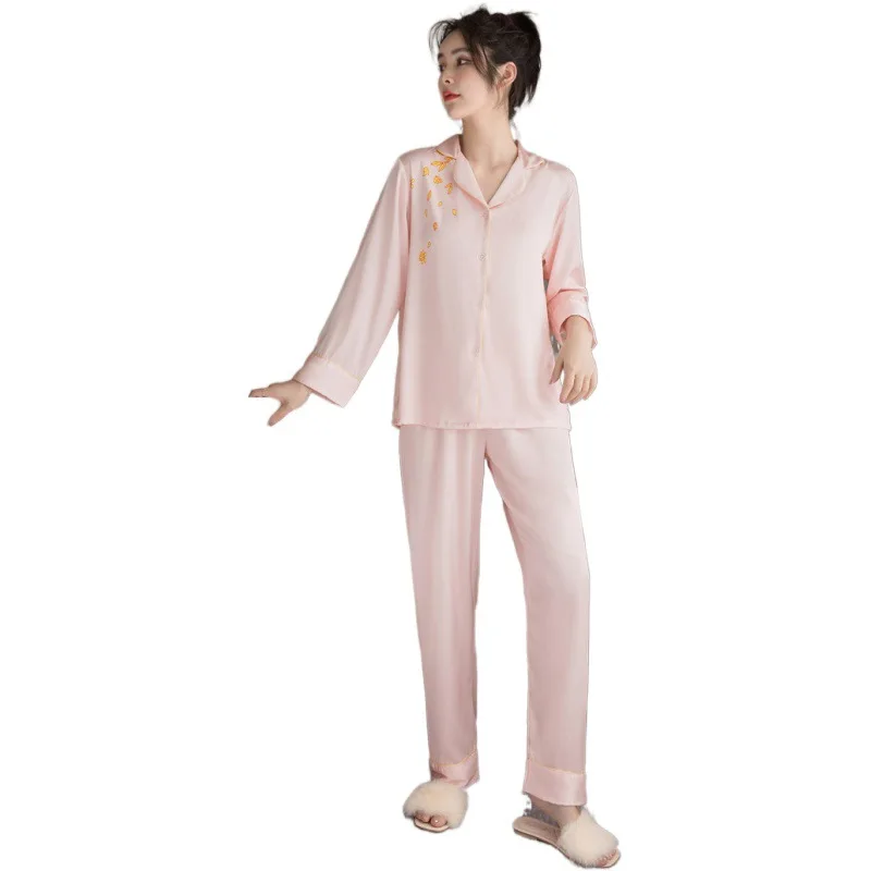 

Lady PCS Pink Cute Flower Pajamas Set Chinese Cartoon Phoenix Print Sleepwear Spring Shirt&Pant Home Wear Satin Lounge Nightwear