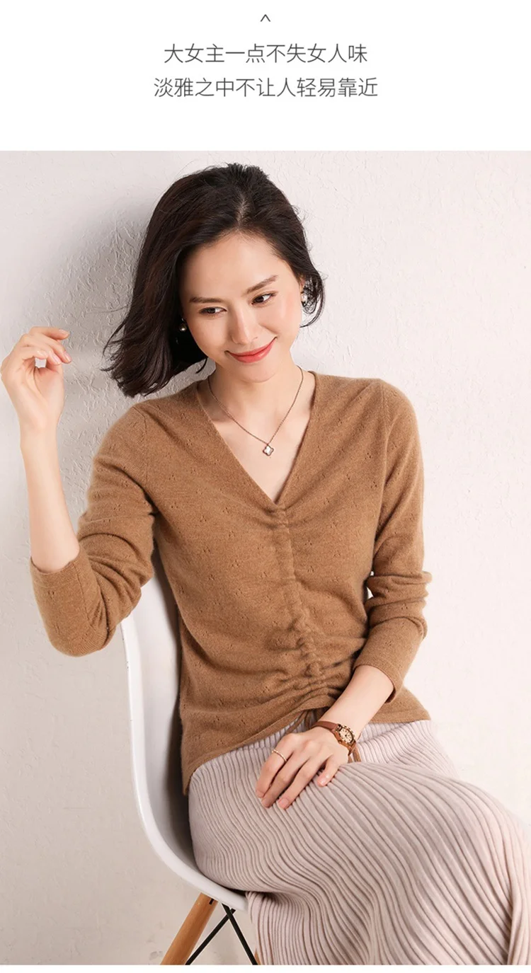 Осень Зима женский кашемировый свитер v-образный вырез вязаный пуловер Женский однотонный тонкий теплый свитер полый