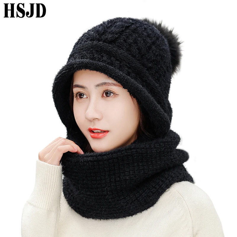 Утолщенные теплые вязанные шарф и шапка из кроличьей шерсти набор 2019 новые