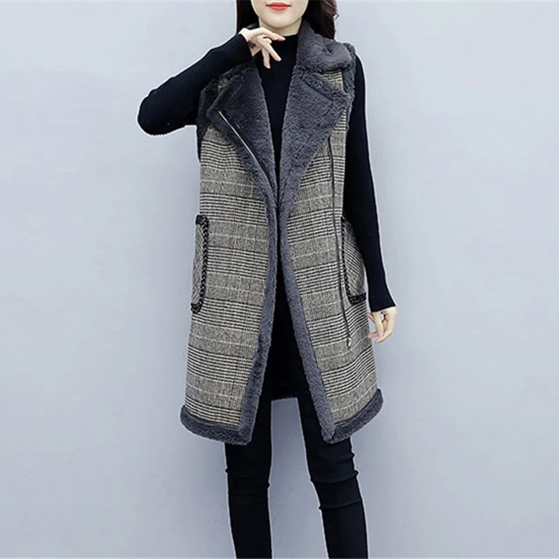 Осенне зимний шерстяной жилет пальто Женский клетчатый бархатный утепленный