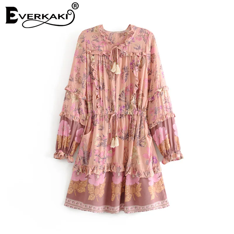 Pink Everkaki/мини-платье с оборками для женщин, Boho, с принтом, кисточками, поясом, с завязками, с длинным рукавом, женские короткие платья, женские,, осень, Новинка - Цвет: Pink