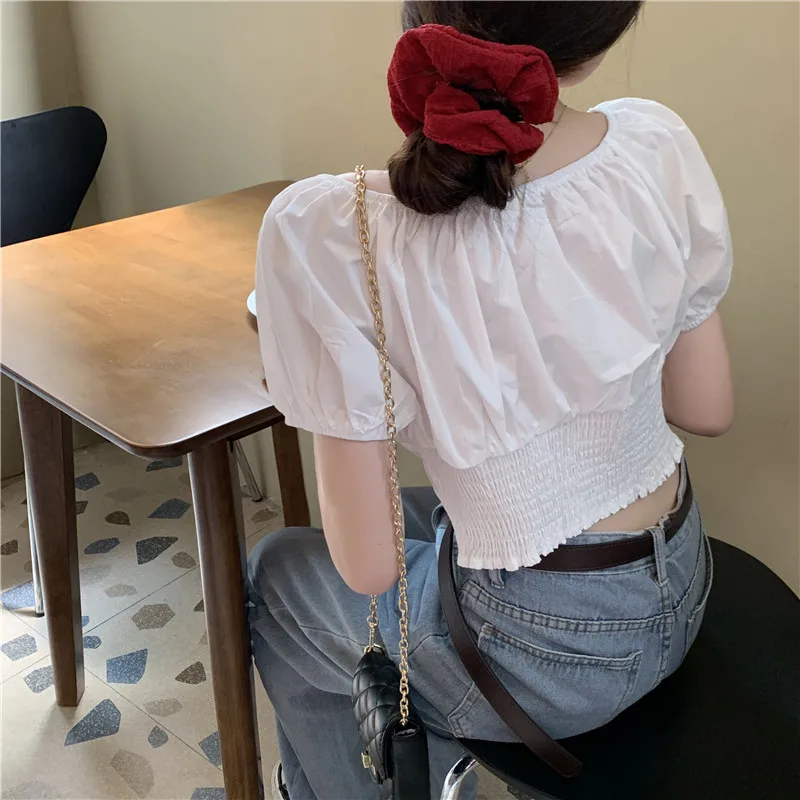

Korean Style One Word Collar Ruffle Crop Top Women Shirt Office Lady White Loose Slim Cotton Bubble Sleeve Off Shoulder Shirt