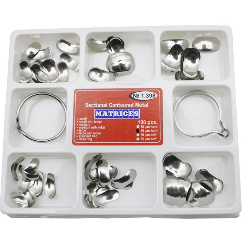 

New 100pcs Full Kit Dental Matrix Sectional Contoured Metal Matrices Matrix Ring Delta Wedges Dental material No.1.398 + 2 Rings