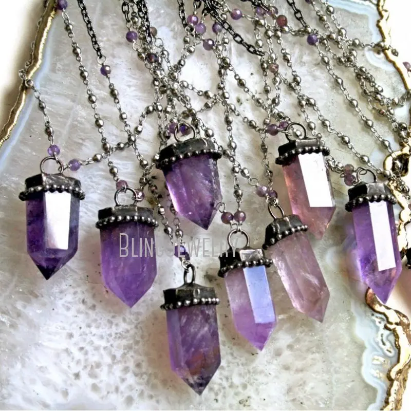 NM40569 Amethyst Polished Point Crystal Tower Necklace Purple Obelisk Talisman Necklace Amethyst Point Layering JewelryHalloween