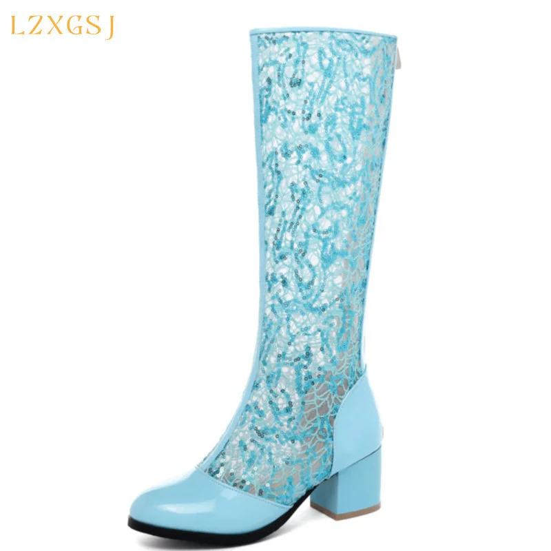 

Sexy Mesh Women High Boots 2021 Summer New Round Toe High Heels Knee-high Martin Boots Fashion Casual Female Shoes Plus Size 43
