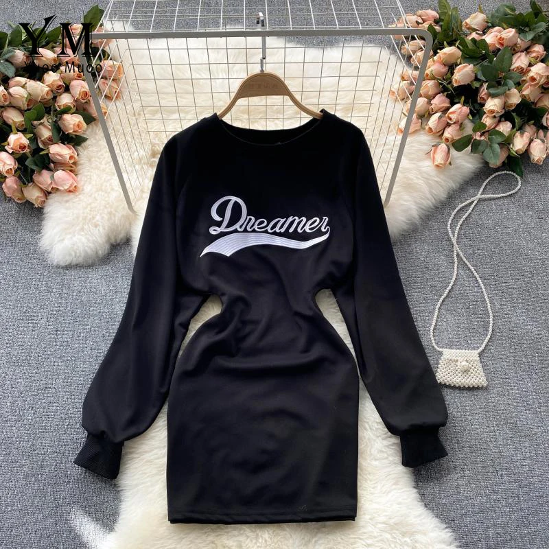 

YuooMuoo футболка с длинным рукавом платье 2021 осеннее короткое платье-свитшот с вырезом на талии повседневное женское платье с вышивкой в виде ...