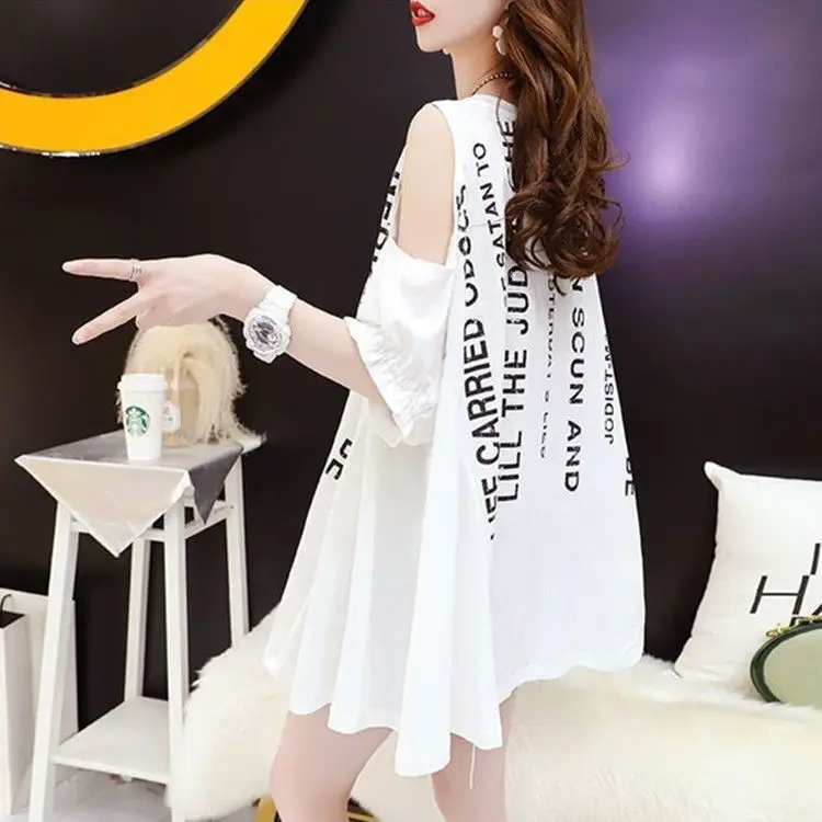 

Medium and long short sleeve T-shirt women's 2021 new summer Korean wind loose size design shoulder-exposed jacket