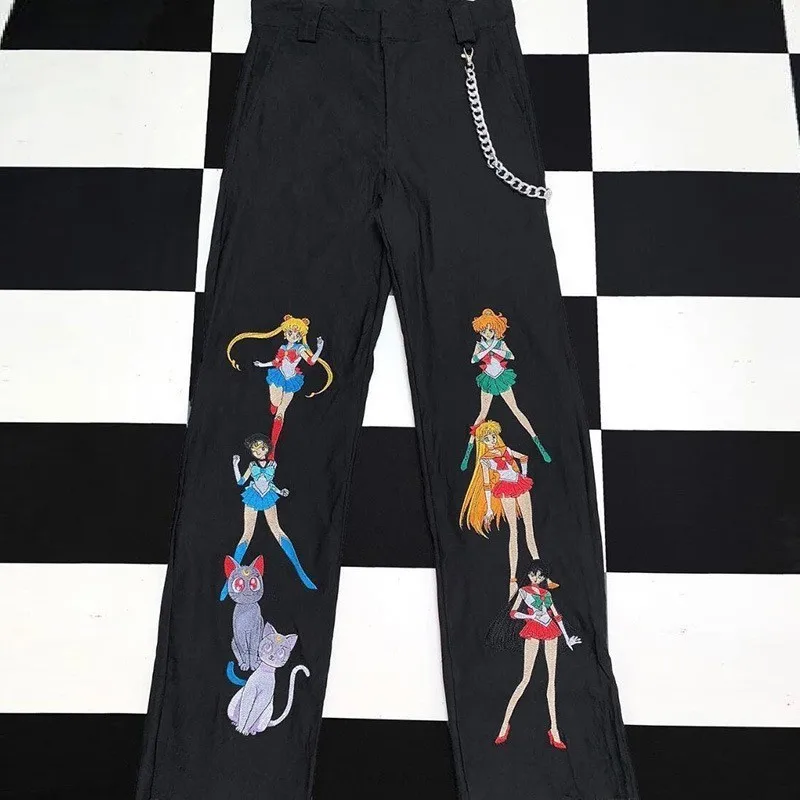 Anime Pretty Guardian Sailor Moon Print Women Trousers Loosen Long Pants Mid Waist Pant Female Harajuku Hip Hop Punk Streetwear