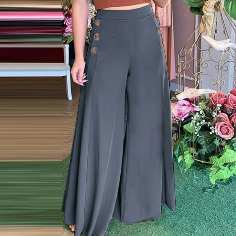 

2021 Spring Summer Elegant Office Ladies Trousers Fashion Side Buttons Design Long Pants Women Solid Loose Wide Leg Casual Pants