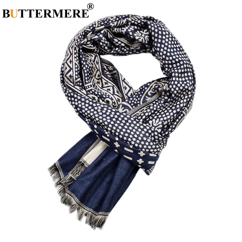 

BUTTERMERE Cotton Linen Winter Scarf Men Ethnic Style Male Scarves Navy Knitted Tassel Men's Scarf 195cm*65cm