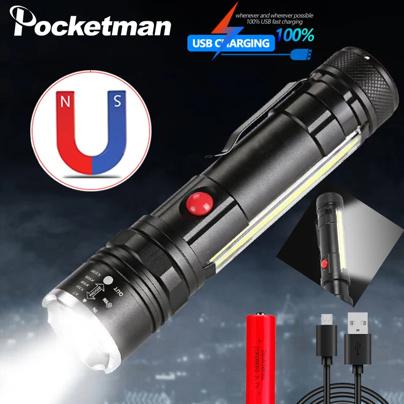 

Светодиодный фонарь Pocketman, 40000лм, масштабируемый, водонепроницаемый фонарик, USB, перезаряжаемый, с босветильник фонарем COB