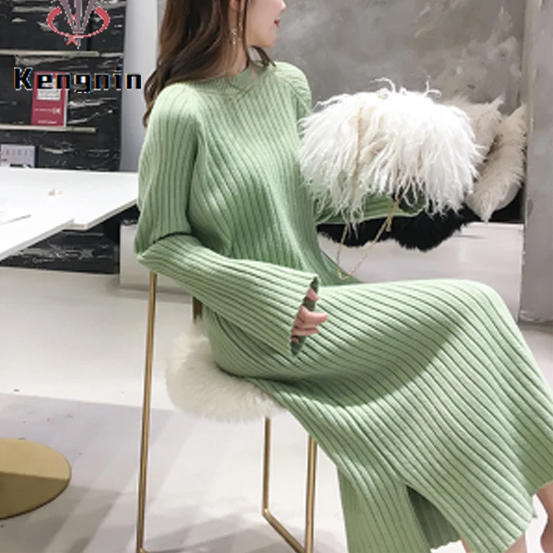 

Match Coats Knitted Women Dresses2021 Autumn Winter Thick Sweater Ladies Vestidos Long Sleeve O-Neck Sweater Robe Dress KE1865