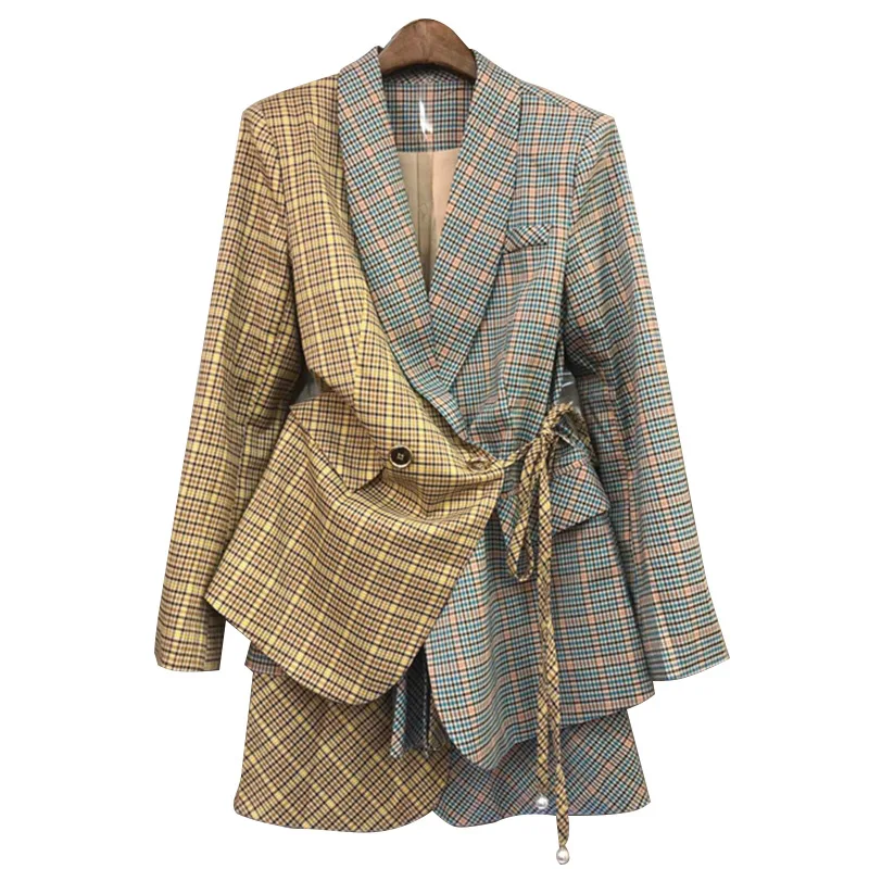 Клетчатый хит цветной лоскутный женский костюм воротник с лацканами на шнуровке