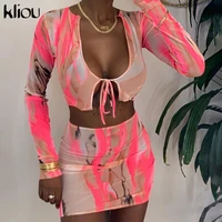 kliou sexy mesh see though 2 piece outfits full sleeve low neck bandage sling crop top mini dress matching set fashion clubwear