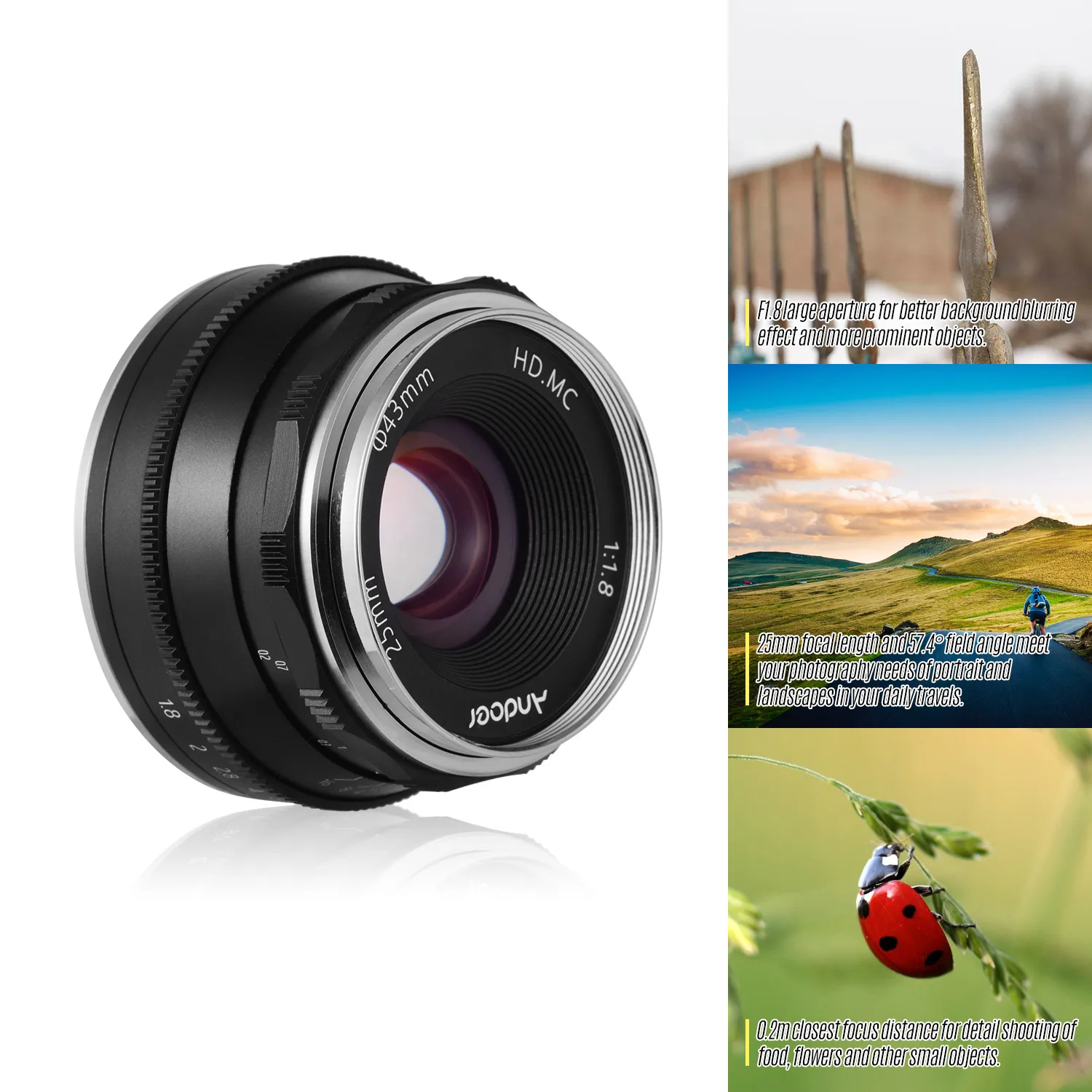 Ручная Фокусирующая линза Andoer 25 мм F1.8 Большая диафрагма совместима с Fuji FX Mount/EOS M