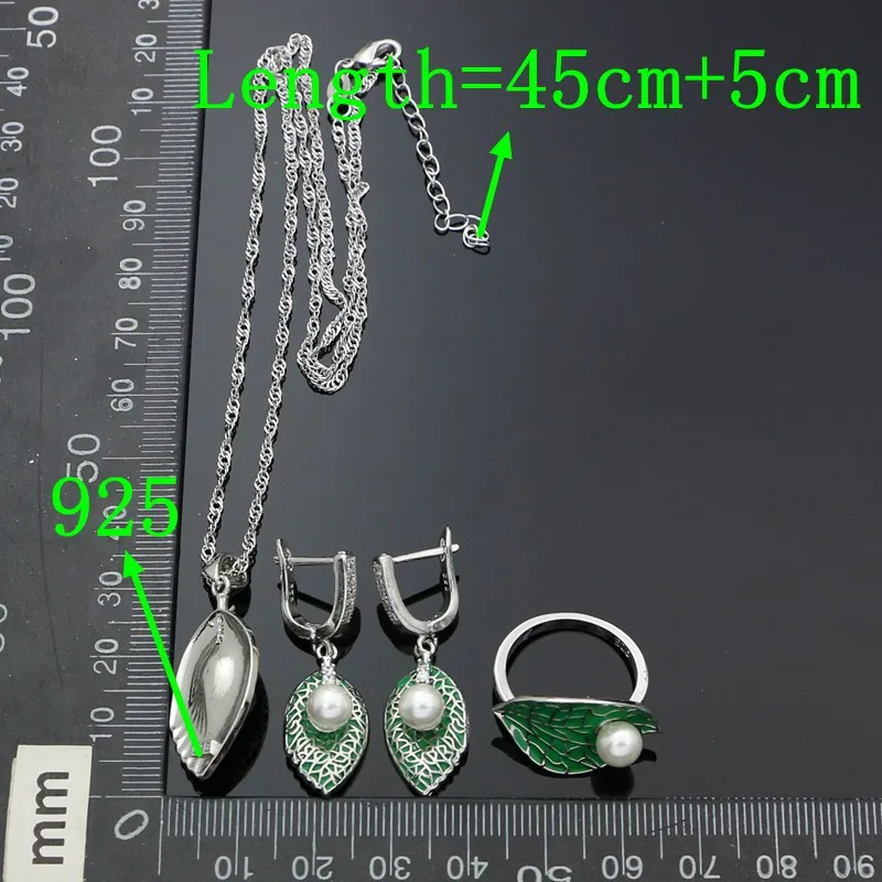 925 Silver Leaf Pearl Jewelry Set for Women Green Enamel Earrings Necklace Pendant Ring Zircon Bracelet Set