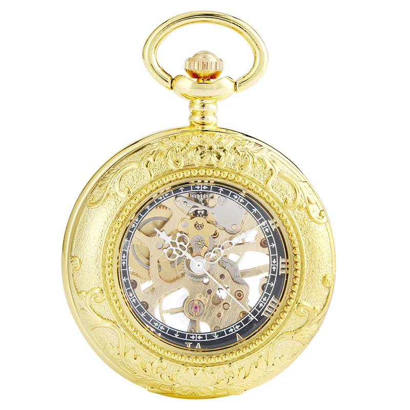 Luxury Gold Transparent Glass Unisex Hand-winding Mechanical Pocket Watch Roman Numerals Skeleton Pendant Clock with Fob Chain