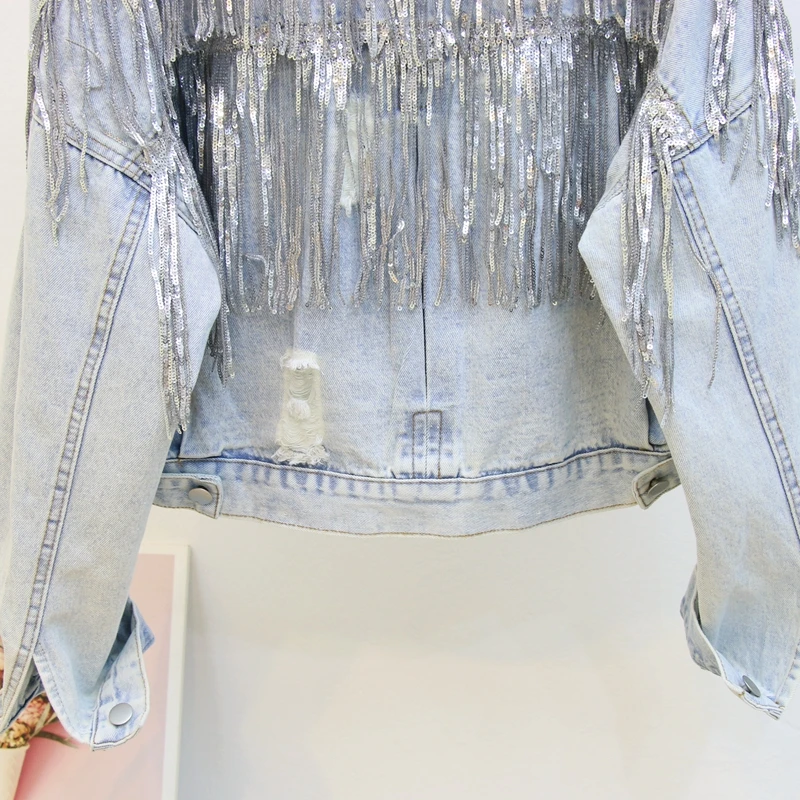 2019 Осенняя новая джинсовая куртка с блестками и кисточками Женская свободная