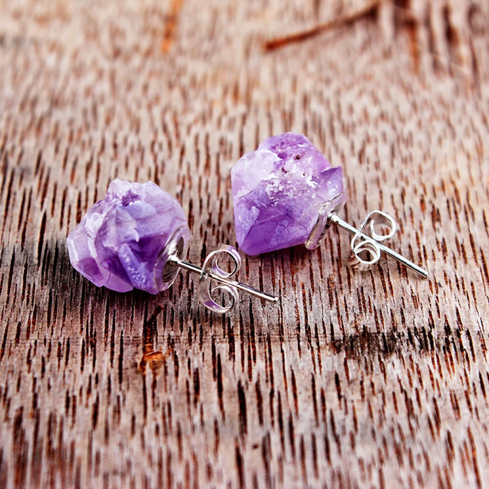 

1 Pair Fashion Natural Amethyst Earrings Quartz Crystal Stones Studs Healing Repair Cure Trend Raw Purple Reiki Irregular Gems