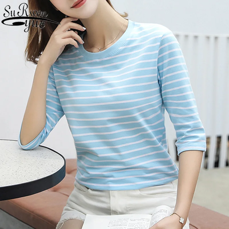 Блузка женская хлопковая в полоску с рукавом до локтя|shirt top|fall shirtsshirt office ladies |