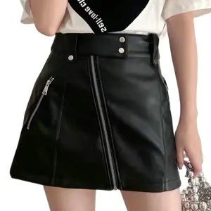 Женская мини-юбка из искусственной кожи, черная трапециевидная юбка на молнии с карманами и высокой талией, Осень-зима 2021