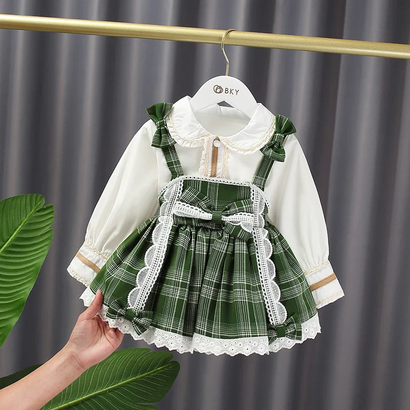 

Spring Baby Girls Sweet Braces Pleated Long Sleeve Shirt + Grid Modern Princess Dress 2pcs Suits Kids Child Lace Sets